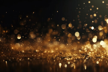 Glitter defocused abstract Twinkly Lights with golden dust and shine. Bright futuristic luxury for Christmas and party backdrop. AI Generative.