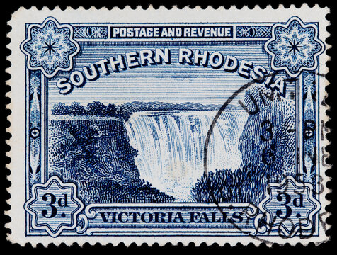 stamp briefmarke vintage retro afrika africa victoria falls southern thodesia old alt used gebraucht frankiert cancel gestempelt blau blue wasserfall 3d Südrhodesien