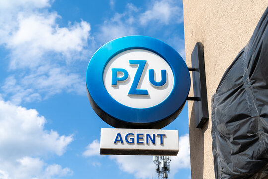 PZU Polish insurance company logo sign. Powszechny Zakład Ubezpieczeń, signboard with logotype on June 18, 2023 in Trzebinia, Poland.