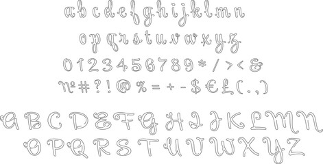 Handwritten linear script alphabet set. Vector decorative typography. Decorative typeset style. Latin script for headers. Trendy letters and numbers for graphic posters, banners, invitations texts