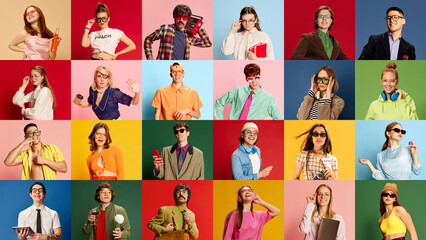 Collage made of portraits of different young people, men and women posing in various clothes and...