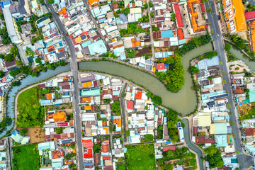 Thu Dau Mot city, Binh Duong Province, Vietnam, aerial view. This is a newly formed city in...