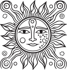 minimalist sun drawing,black abstract sun drawing,bohemian style art,line drawing,illustration for poster,eps file,editable art composition
