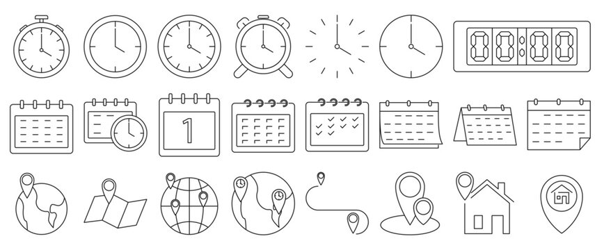 Time Date And Address Concept Icon Set. Containing Calendar, Clock, Digital Clock And Location. Vector Illustrattion. Editable Stroke.