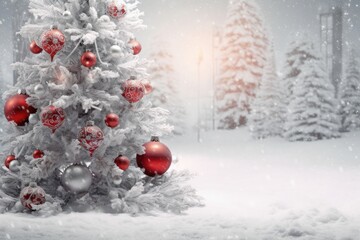 Naklejka na ściany i meble a christmas tree with white snow and decorations, with red and silver balls. Merry Christmas and Happy Holidays greeting card, frame, banner. New Year. Winter xmas holiday theme