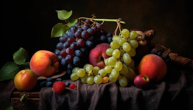 Still life with fruit on a table. Baroque Rembrandt style.