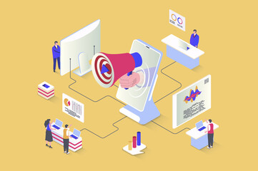 Digital marketing concept in 3d isometric design. Online promotion and advertising in social networks, targeting, attracting audience. Illustration with isometry people scene for web graphic