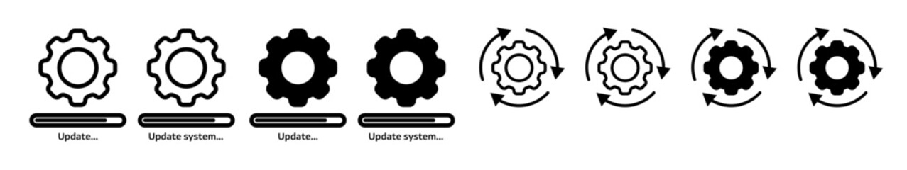 System update icon set. System operations icon set with gear sign. Work progress status pictogram vector. Os software maintenance symbol - obrazy, fototapety, plakaty
