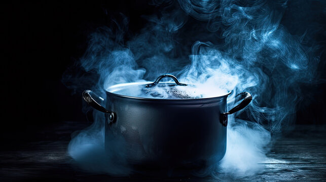 steam over cooking pot on black background