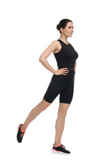 Woman doing morning exercise on white background