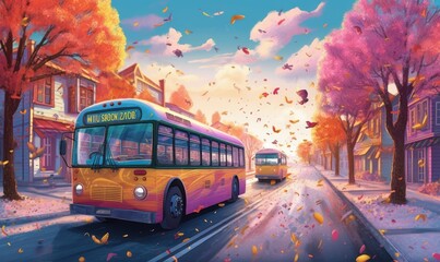 School Bus Colorful Illustration Background. Back to School Concept. Generative Ai