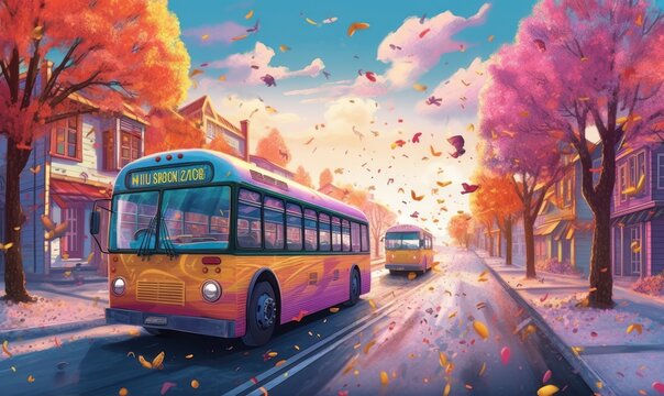School Bus Colorful Illustration Background. Back to School Concept. Generative Ai