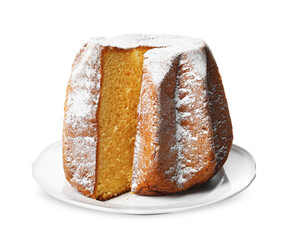 Delicious Pandoro cake decorated with powdered sugar on white background. Traditional Italian pastry