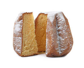 Delicious Pandoro cake decorated with powdered sugar isolated on white. Traditional Italian pastry