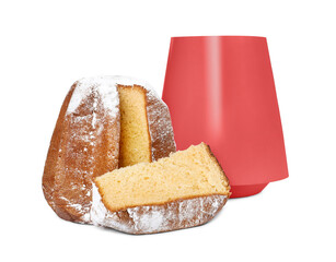 Delicious Pandoro cake decorated with powdered sugar and box isolated on white. Traditional Italian pastry