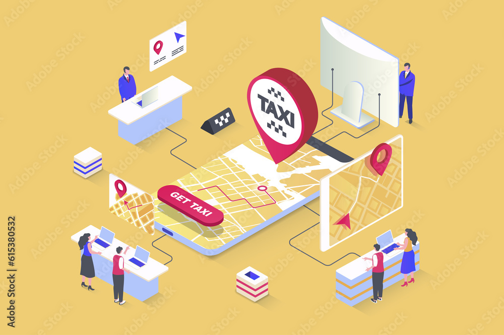Leinwandbilder Taxi service concept in 3d isometric design. Online ordering car, map navigation with online tracking in mobile application screen. Illustration with isometry people scene for web graphic