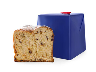 Half of delicious Panettone cake with powdered sugar and box on white background. Traditional Italian pastry