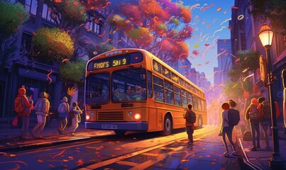 School Bus Colorful Illustration Background. Back to School Concept. Generative Ai