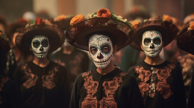 people with masks celebrating the day of dead in Mexico