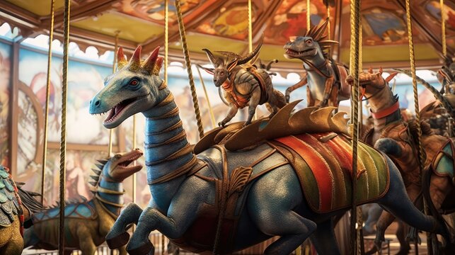 Photo of a colorful carousel with painted dinosaurs and happy riders