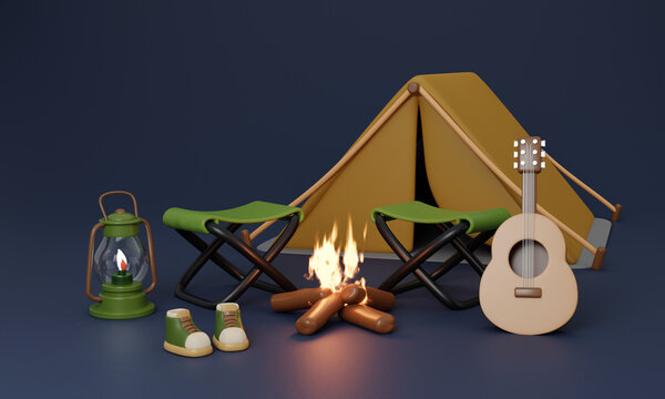 3d Night and dark Campsite in nature and elements for camping,camp fire, trip, hiking. Concept. 3d rendering illustration.