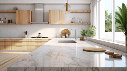 Interior of modern kitchen with white marble countertop and wooden