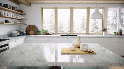 Interior of modern kitchen with white marble countertop and wooden