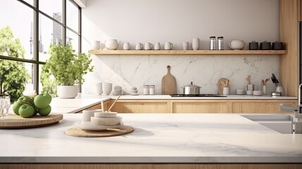 Interior of modern kitchen with white marble countertop and wooden - obrazy, fototapety, plakaty