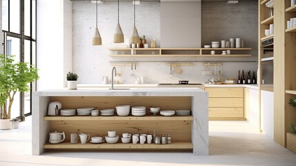 Interior of modern kitchen with white marble countertop and wooden