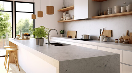 Interior of modern kitchen with white marble countertop and wooden - obrazy, fototapety, plakaty