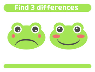Find three differences. Cute green frog. Worksheet for kids.