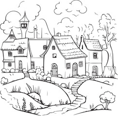 village drawing village coloring page for kids ready to print A3 size editable
