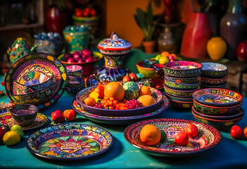 Fototapeta na wymiar various ceramic dishes sitting on purple table