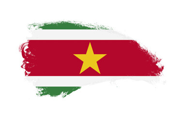 National flag of Suriname painted with stroke brush on isolated white