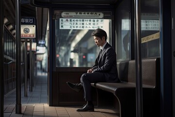 Japanese businessman waiting in a bus stop. AI generative