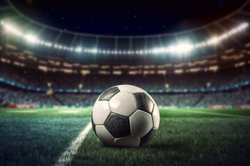 Soccer Ball On Green Field of football stadium for background Generative AI