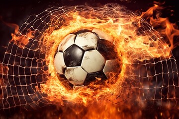 Naklejka premium Fiery Soccer Ball In Goal With Net In Flames