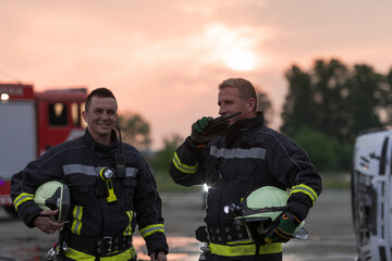 fireman using walkie talkie at rescue action fire truck and fireman's team in background. - obrazy, fototapety, plakaty