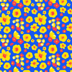 Bright floral abstract spots seamless pattern. Yellow flowers repeat print. Yellow, pink, blue botanical ditsy design for textile, fabric, wallpaper and decoration.
