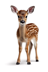 Fototapeta premium Cute little baby deer fawn realistic photo character generative AI illustration isolated on white background. Lovely baby animals concept