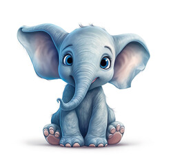 Cute little elephant cartoon drawing character generative AI illustration isolated on white background. Lovely baby animals concept