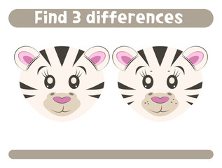 Find three differences Cute zebra Worksheet for kids