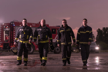 Brave Firefighters Team Walking to the Camera. In Background Paramedics and Firemen Rescue Team Fight Fire in Car Accident, Insurance and Save Peoples Lives concept.