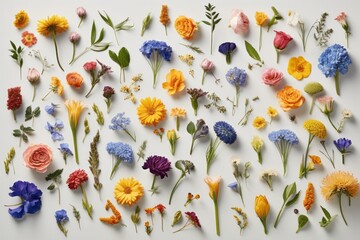 Illustration of various colourful flowers arranged on a white background created with Generative AI technology