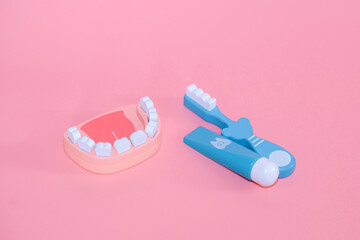 A wooden model of a jaw and tools for daily dental care, examination and prevention of caries on a pink background. Dental concept banner with copy space. Children's toy doctor
