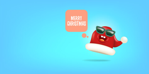 Vector cartoon monster Santa Claus red hat character with sunglasses and speech bubble isolated on blue Christmas background. Merry Christmas greeting card, poster and banner with Santa Claus hat