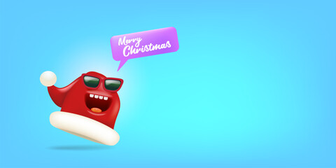 Vector cartoon monster Santa Claus red hat character with sunglasses and speech bubble isolated on blue Christmas background. Merry Christmas greeting card, poster and banner with Santa Claus hat