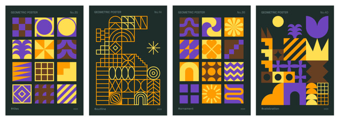 Geometric pattern set. Trendy architectural and colorful compositions. Dark, yellow, orange and purple geometric posters, cards, covers or banners. Neo geo art with religious vibe.