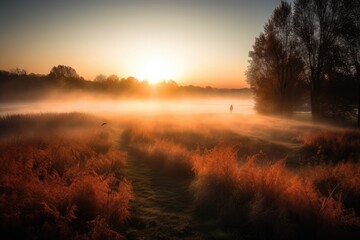 Fototapeta premium Morning yellow sun shines in the park outdoors