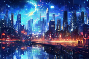 Fototapeta na wymiar Generative AI. the backdrop of an advanced city at night anime style